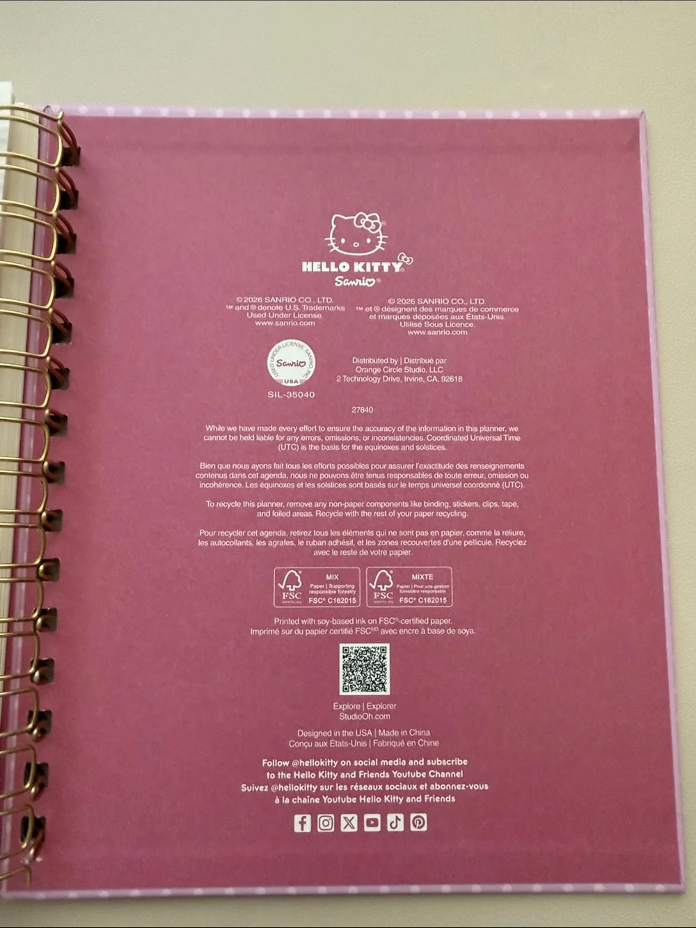 NWT..Hello Kitty Pink and Cream 2027 Spiral Planner . smoke and pet free home.